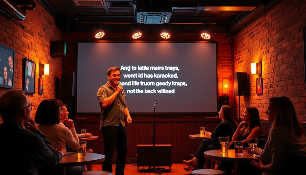 A lively scene inside a cozy comedy club style venue where a solo performer stands on a small stage