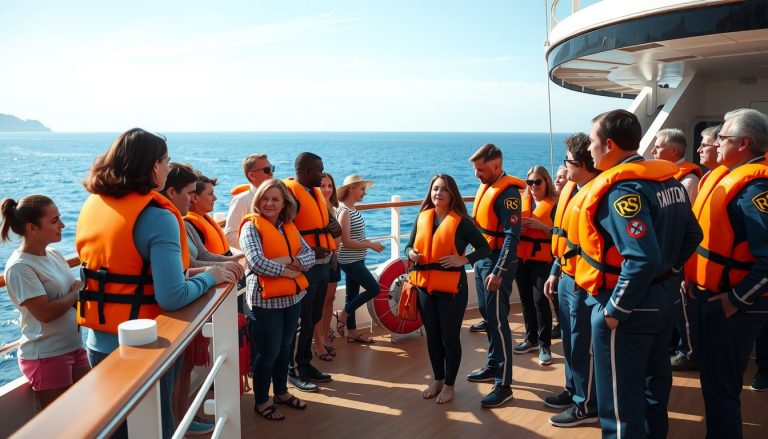 A photorealistic image of a group of cruise ship passengers gathered on the deck wearing bright orange life vest
