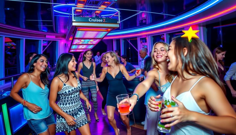 A vibrant and energetic image of a group of women dancing in a lively nightclub on a cruise ship at 1427096985
