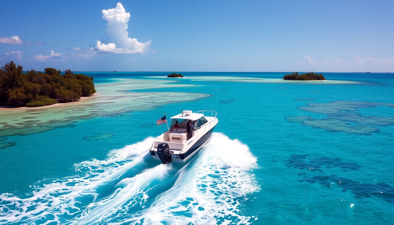 private small motorboat with a couple cruising through crystal clear turquoise waters near Bimini,