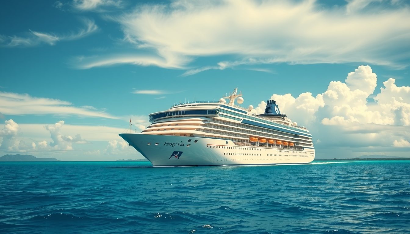Cruise ship sailing safely during hurricane season with storm clouds ahead