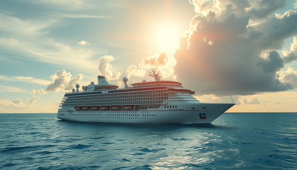 Cruise ship in calm seas with storm clouds forming on the horizon